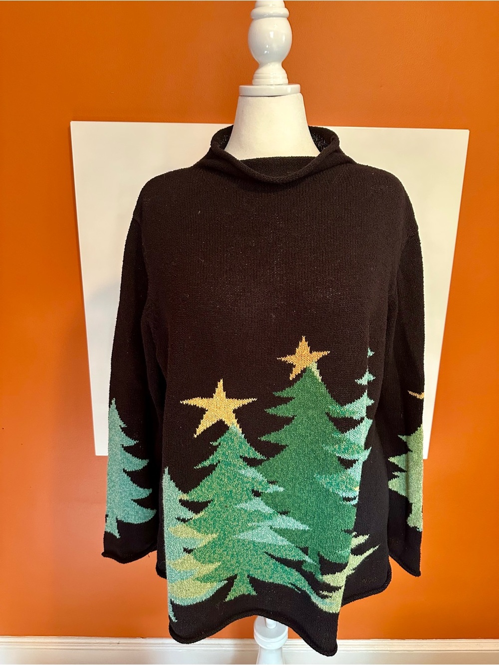 Coldwater Creek Vintage Christmas Tree Knit Sweater Mock Neck XXL Black